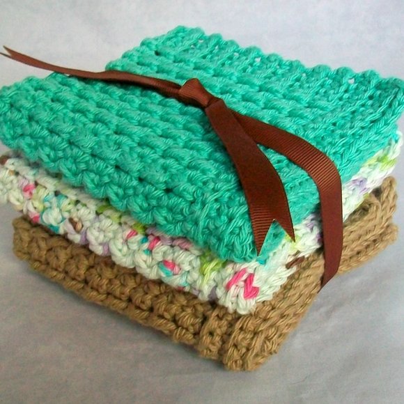 Handmade Knit Large Cotton Wash Spa Dish Cloths Brown Turquoise Set of 3 - Picture 1 of 6